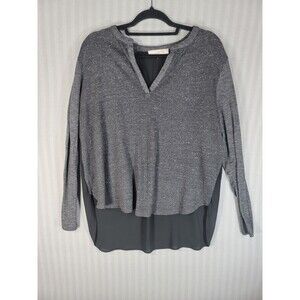 loft mixed fabric top size large gray knit front black chiffon back long sleeve